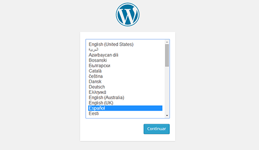 WordPress cho phép bạn chọn ngôn ngữ trong quá trình cài đặt 