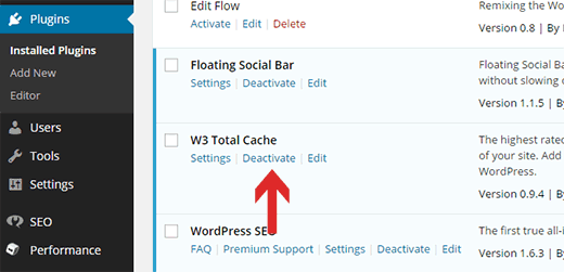 Tắt kích hoạt plugin W3 Total Cache trong WordPress 