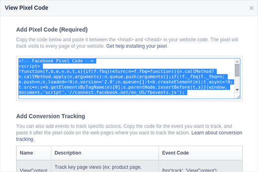 Sao chép mã Pixel Facebook 