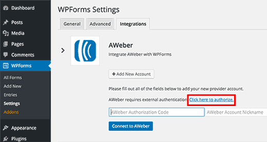 Tích hợp AWeber trong cài đặt WPForms 