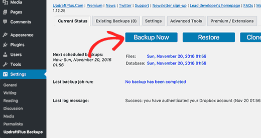 Tạo bản sao lưu thủ công với UpdraftPlus 