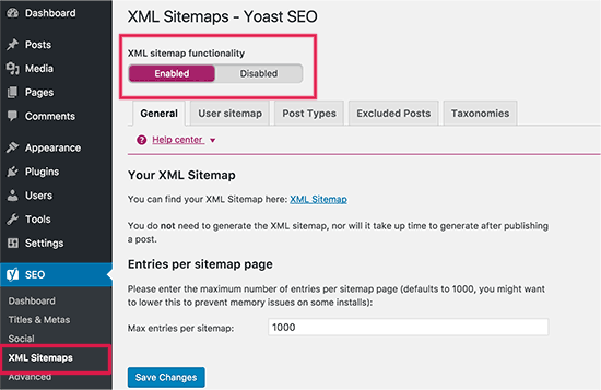 Cho phép Sơ đồ trang web XML trong plugin Yoast WordPress SEO 