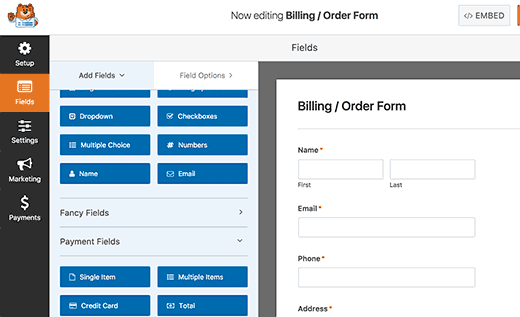 WPForms chỉnh sửa các lĩnh vực 