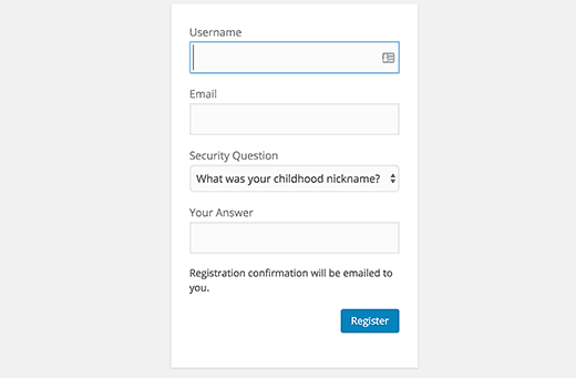 Đăng ký người dùng WordPress với câu hỏi bảo mật 