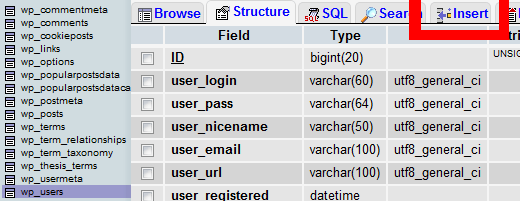 bảng phpMyAdmin wp_users 