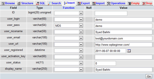 phpMyAdmin Chèn giá trị trong bảng wp_users 