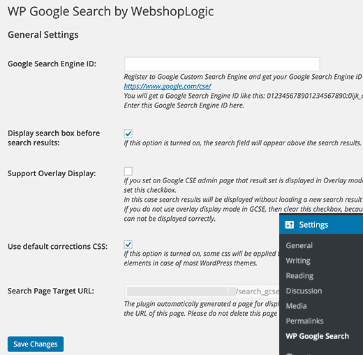 Trang cài đặt WP Google Search 