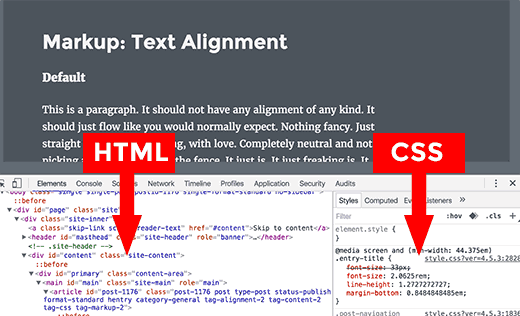 HTML và CSS Panes trong cửa sổ kiểm tra 