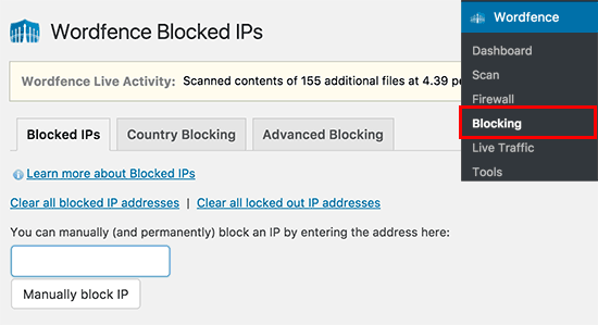 Chặn IP bằng tay trong Wordfence 