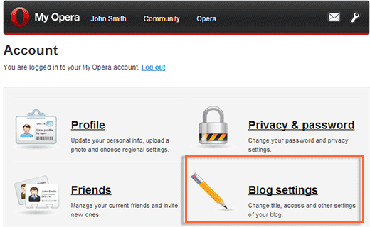 Cài đặt blog Opera của tôi trong Tài khoản 