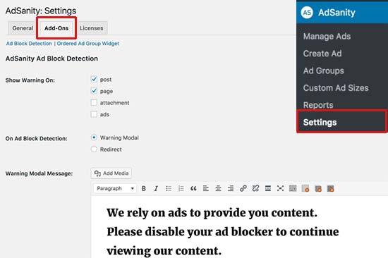 Cài đặt AdSanity Ad Block detection 