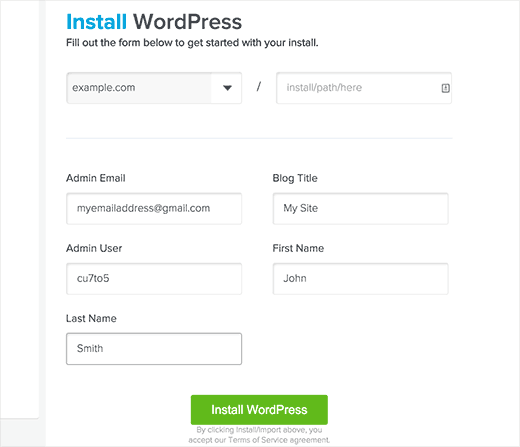 Cài đặt cài đặt WordPress trong QuickInstall 