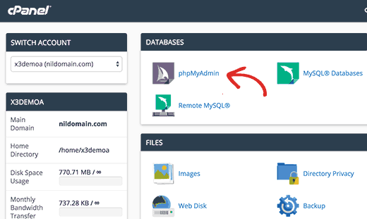 Khởi chạy phpMyAdmin từ cPanel 