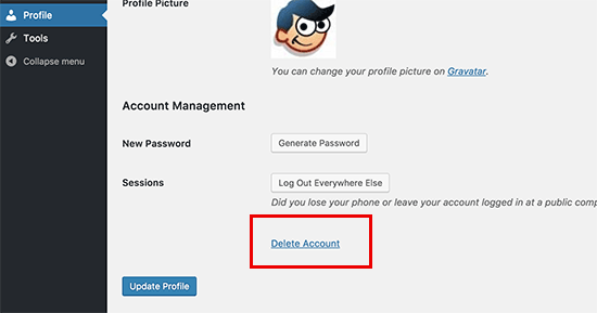 Xóa liên kết tài khoản trên trang hồ sơ người dùng 