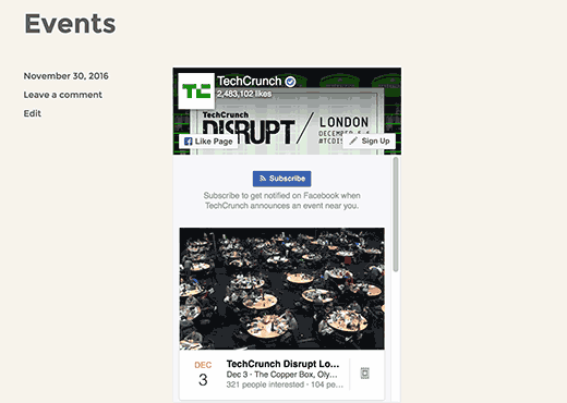 Sự kiện Facebook nhúng vào một trang WordPress 