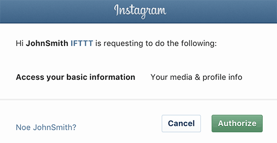 Cho phép IFTTT truy cập Instagram 