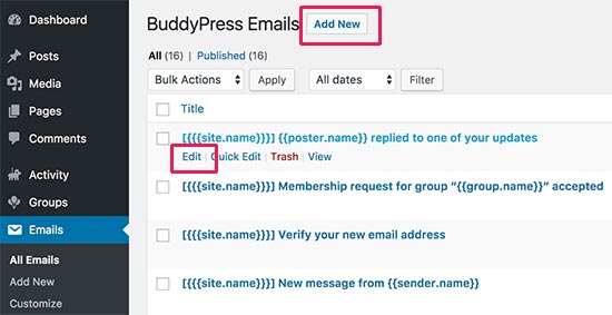 Chỉnh sửa thông báo qua email trong BuddyPress 