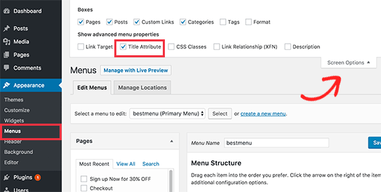 Bật thuộc tính tiêu đề cho các menu điều hướng trong WordPress 