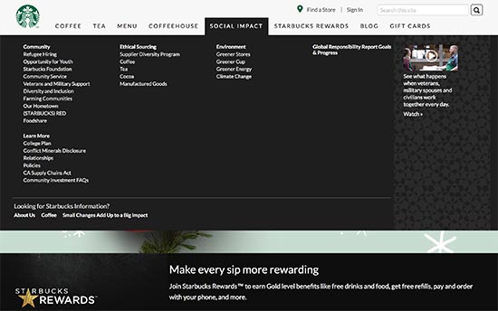 Trang web của Starbucks hiển thị một menu lớn 