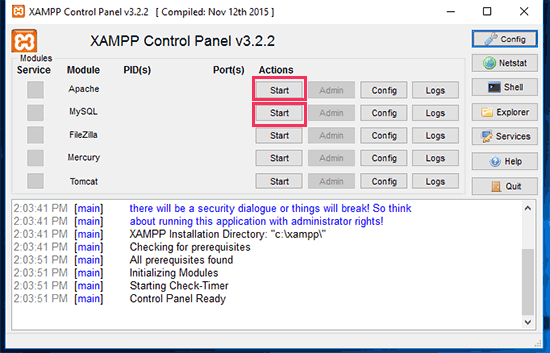 Bắt đầu Apache và MySQL 