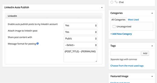 LinkedIn Auto Publish meta box trên màn hình soạn thảo bài trong WordPress 