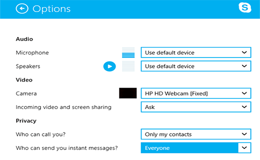 Tùy chọn Skype trong Windows 8 