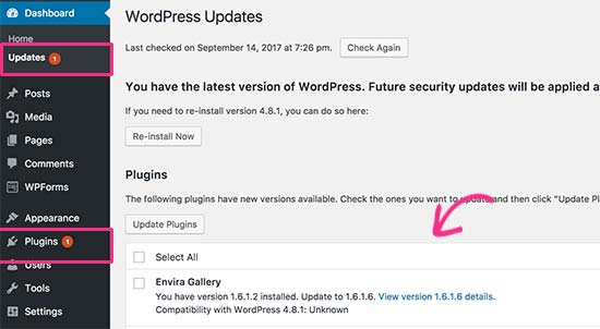 WordPress plugin cập nhật có sẵn 