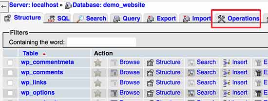 Hoạt động cơ sở dữ liệu trong phpmyadmin của tôi 