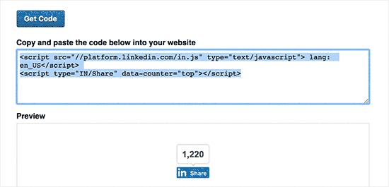 Sao chép mã nút chia sẻ của LinkedIn 