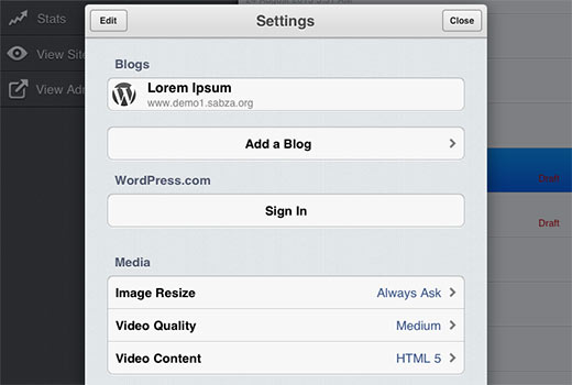 Màn hình cài đặt trong WordPress App dành cho iPhone hoặc iPad 