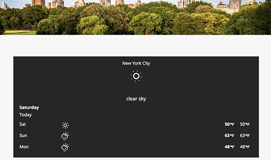Dự báo thời tiết hiển thị trên một trang web WordPress 