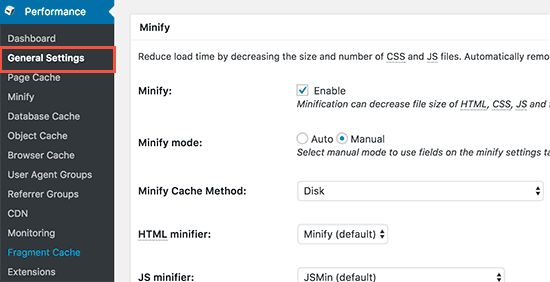 W3 Total Cache kích hoạt minify 